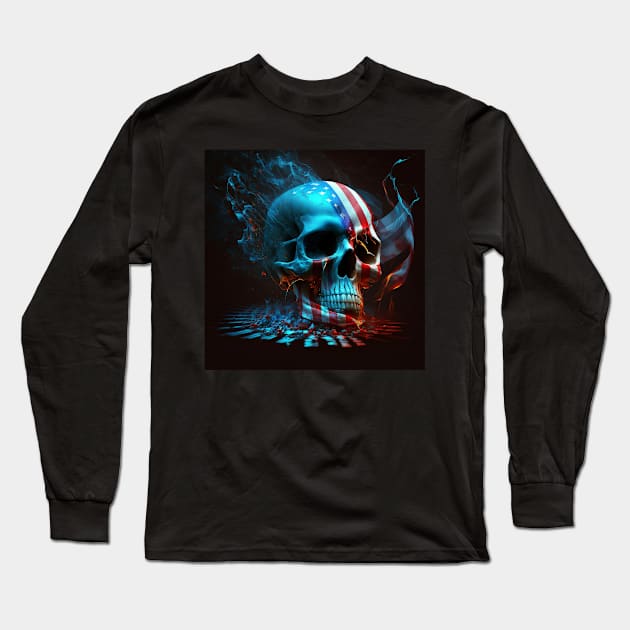 American Flag and Skull Art Long Sleeve T-Shirt by Jades-Corner